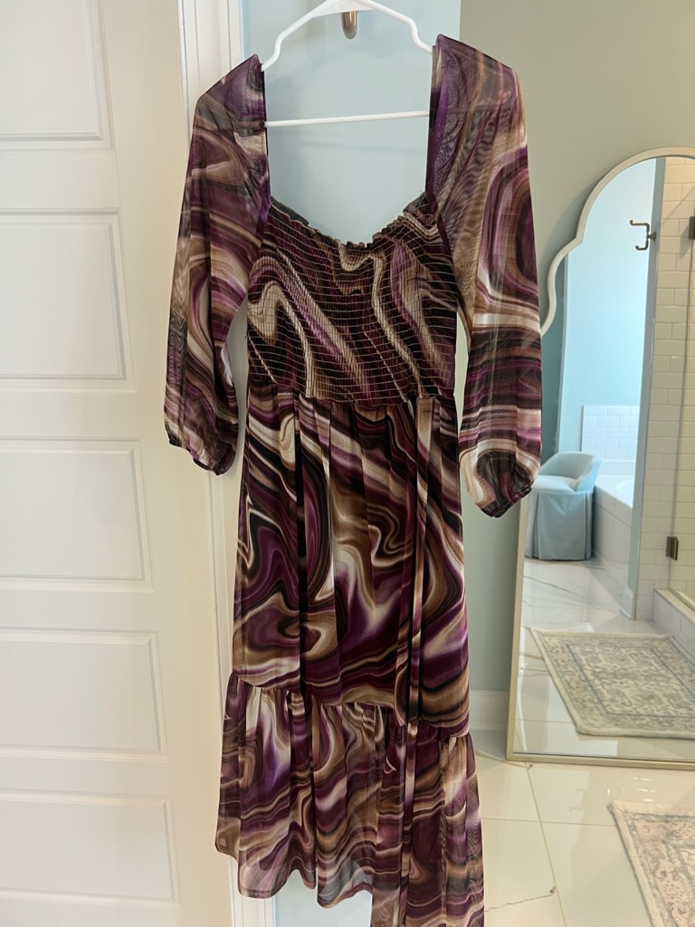 Love Purple and Brown Marble-Print Smocked Midi Dress